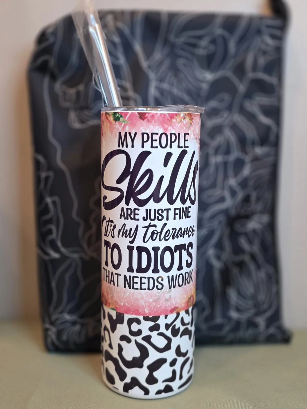 Insulated Pink Patterned Travel Tumbler with Straw - No Brand